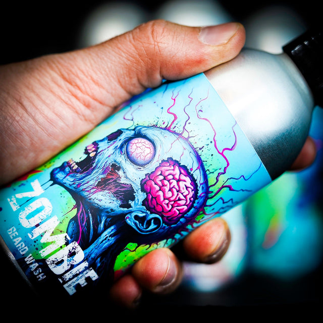 A bottle of Zombie beard wash in hand