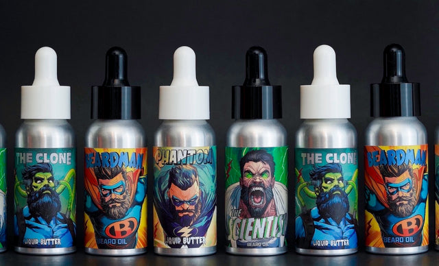 Bottles of Beardman Series beard oil and liquid beard butter