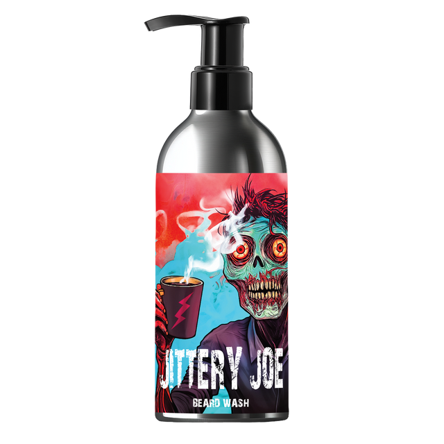 Pump bottle of Jittery Joe beard wash
