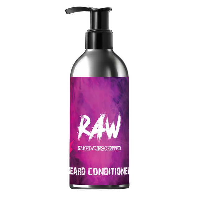 A bottle of RAW Beard Conditioner with a black pump dispenser and a metallic silver bottle body. The label features a vibrant purple and magenta watercolor design.