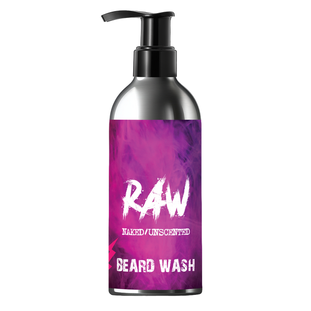 A bottle of RAW Beard Wash with a black pump dispenser and a purple-to-pink gradient label on a silver bottle, set against a plain white background.