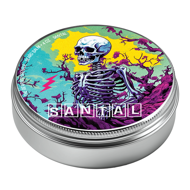 A round silver metal tin of Santal beard balm, featuring a colorful illustrated lid with a skeleton, purple trees, and a yellow sky.