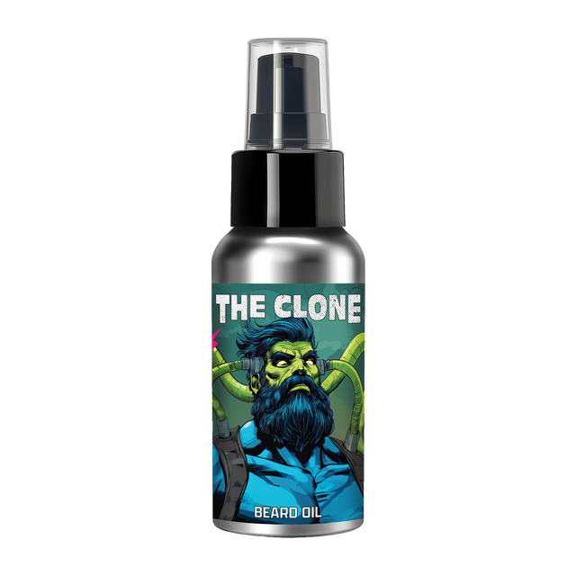 A bottle of The Clone beard oil for men.
